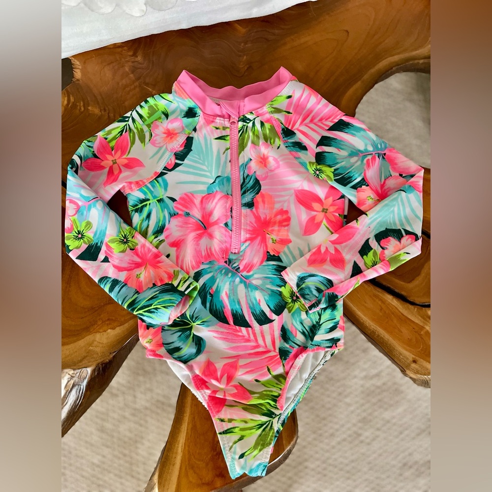 Tropical kids Pink and Green Long Sleeve One Piece Rashguard Swimsuit